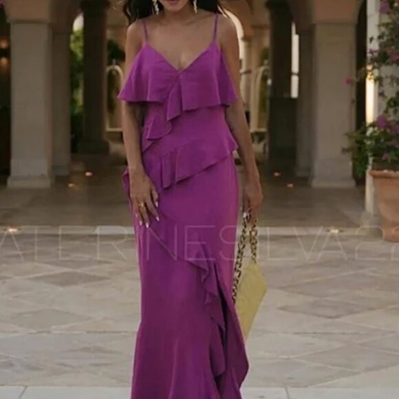 Zara Bloggers Favorite Pink/Purple Linen Blend Ruffle Midi Maxi Dress - Picture 1 of 5